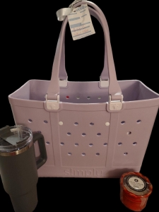 Primary image for the Gift bag from Cook's Drugs Graceville, includes large Simply Southern tote orchid color, Insolated Handled Cup and a Swan Creek Candle Co. Roasted Espresso Scent candle Value $100 Auction Item