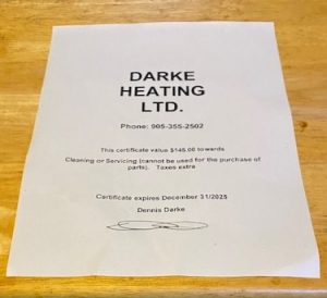 Primary image for the Darke Heating Certificate For Service or Cleaning & a Hat and T-Shirt Auction Item