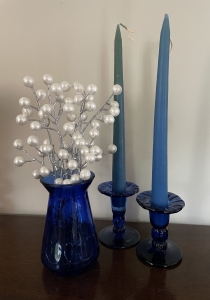 Primary image for the Small Blue Vase, Two Candleholders, and Two Candles Auction Item