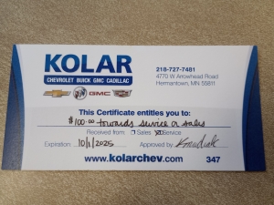 Primary image for the Item #22 $100.00 Gift Certificate for Kolar Chev Buick GMC Cadillac Auction Item